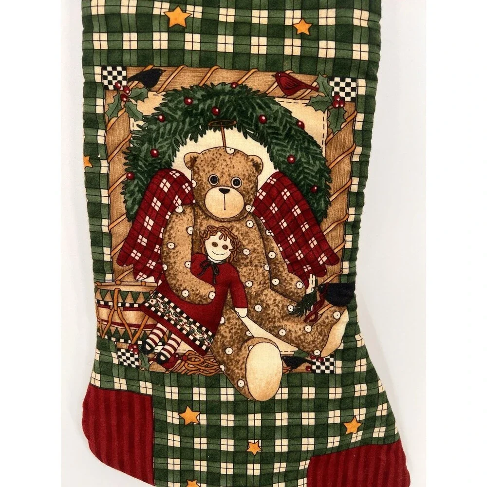 Handsewn Plaid Teddy Bear Christmas Stocking Doll Drum Country Cottagecore
